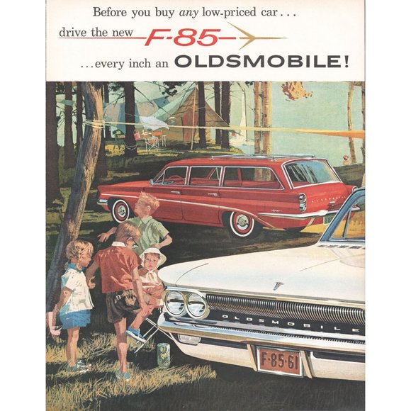 1961 Oldsmobile F-85 Sedan and Wagon 2 Page Vintage Print Ad Camping Trip Art - Picture 2 of 3